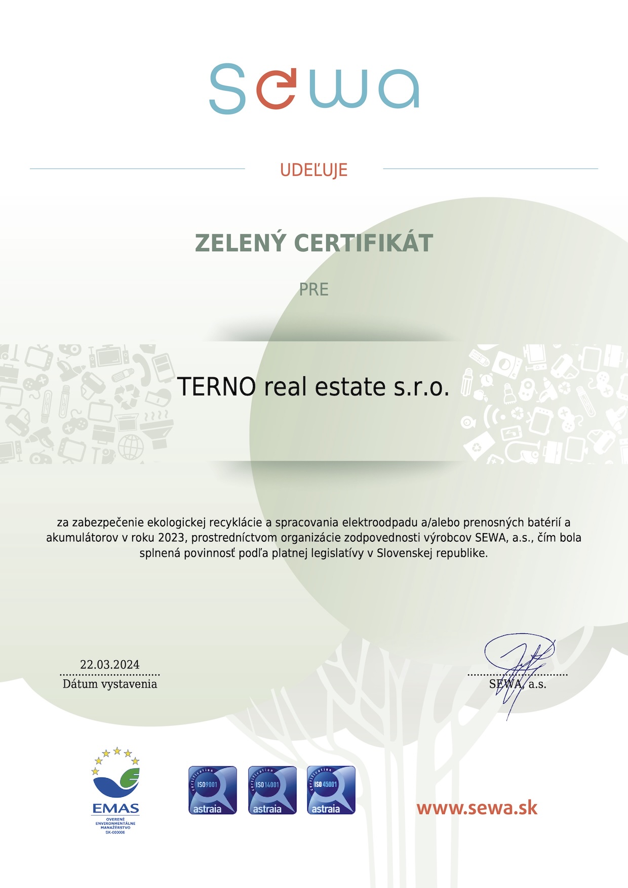 Získali sme Zelený certifikát SEWA